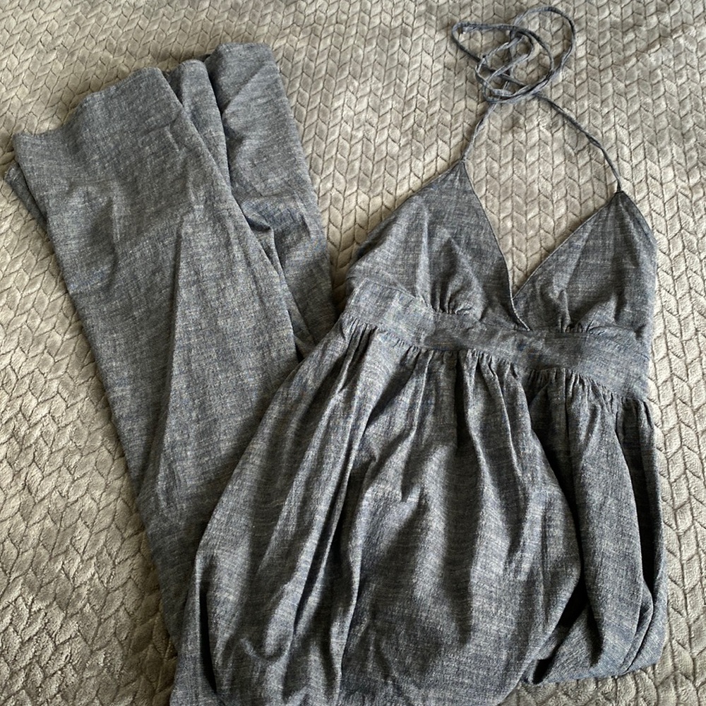 Long halter sun dress. Medium gray/blue color.